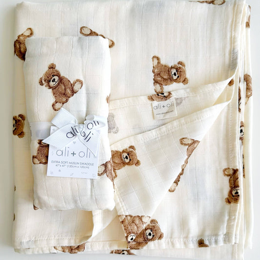 Teddy Bear Muslin Swaddle Blanket Ali+Oli