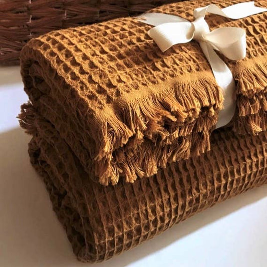 Mustard Waffle Weave Blanket: Luxurious Turkish Cotton Comfort TranquilUSA