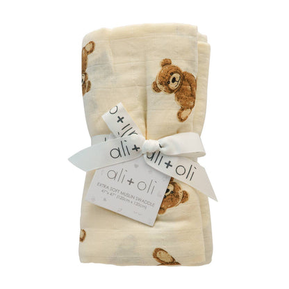 Teddy Bear Muslin Swaddle Blanket Ali+Oli