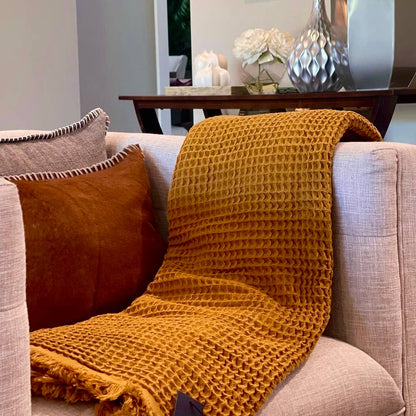 Mustard Waffle Weave Blanket: Luxurious Turkish Cotton Comfort