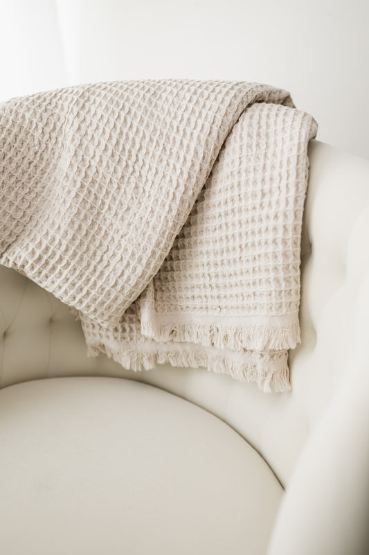 Sand Waffle Weave Blanket: Luxurious Turkish Cotton Comfort