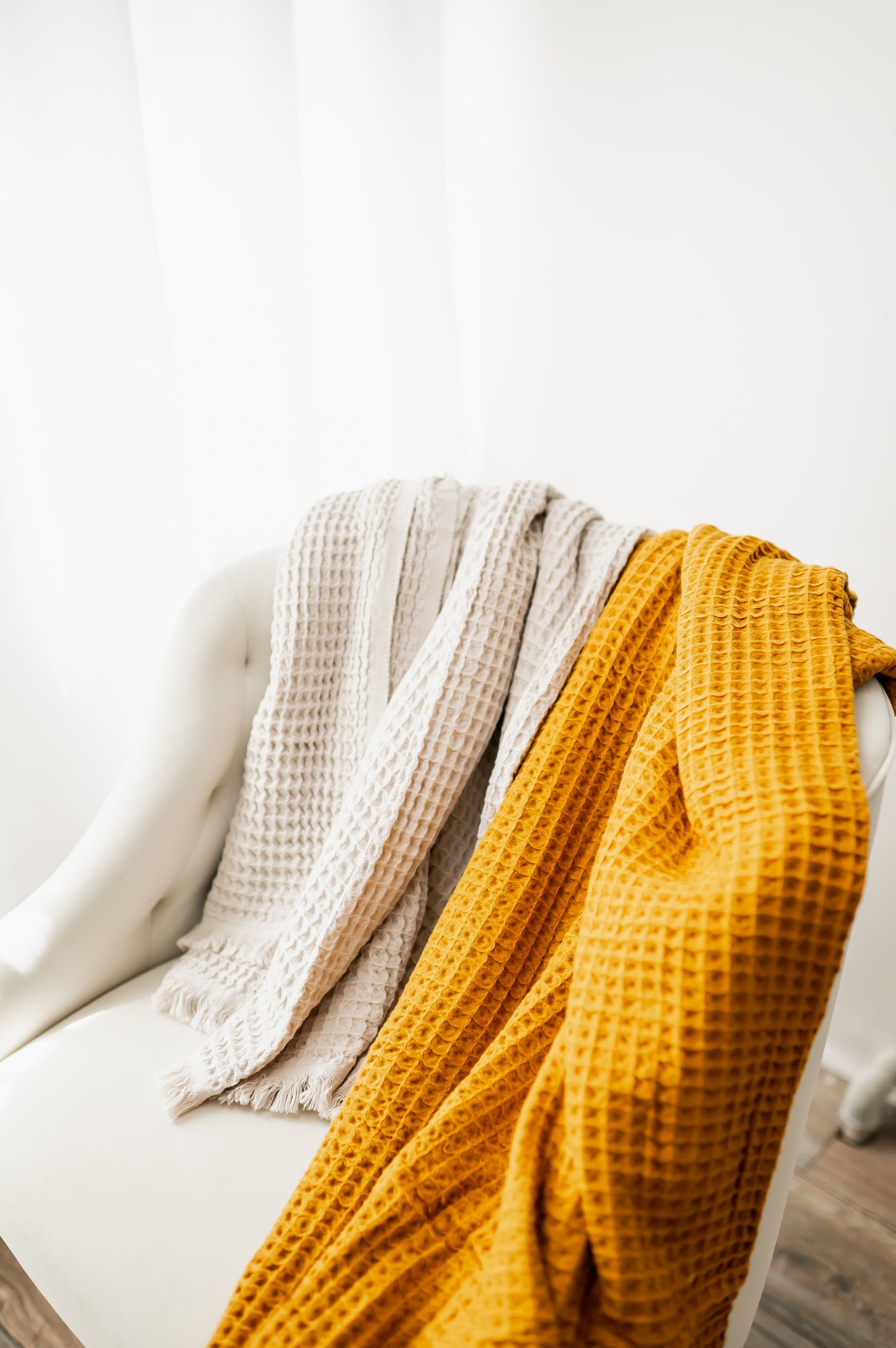 Mustard Waffle Weave Blanket: Luxurious Turkish Cotton Comfort